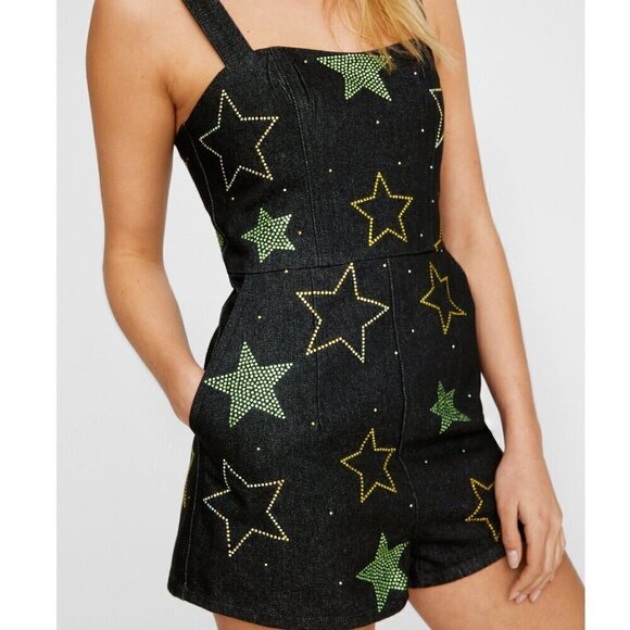 Nasty Gal Star Hotfix Denim Playsuit, NWT, Size 10 - Picture 1 of 9
